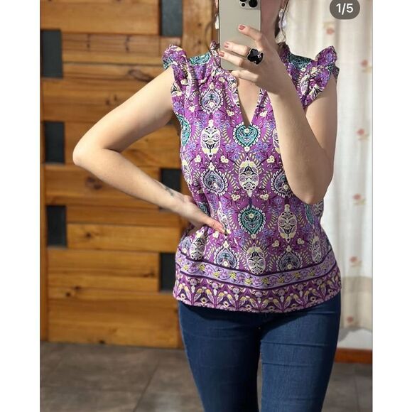 Talbots Purple Paisley V-neck Flutter Sleeve 100% cotton top size X #755 - Picture 1 of 9